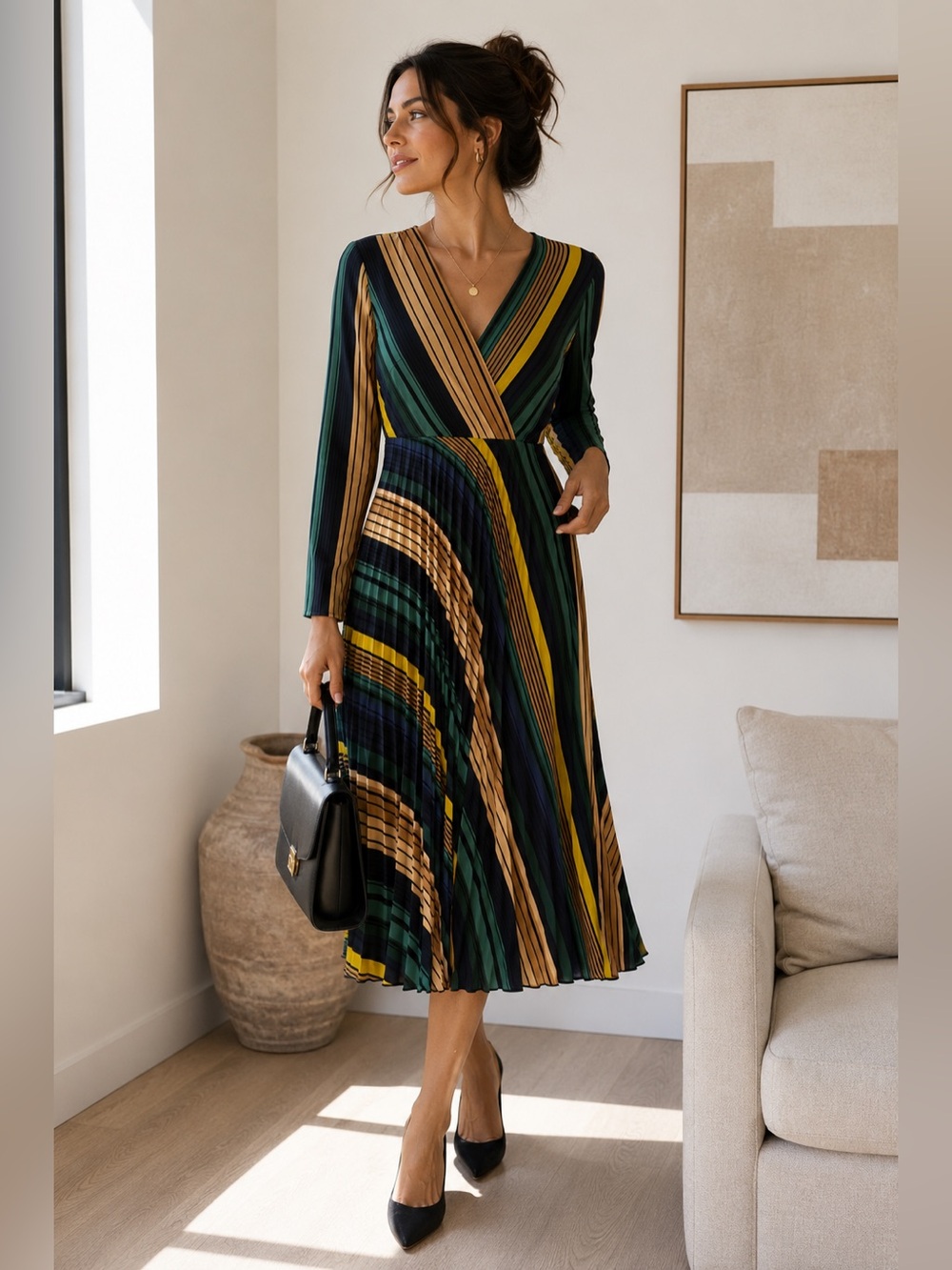 MNG Mango Suit Striped Pleated Wrap Midi Dress Green Yellow Long Sleeve Size S